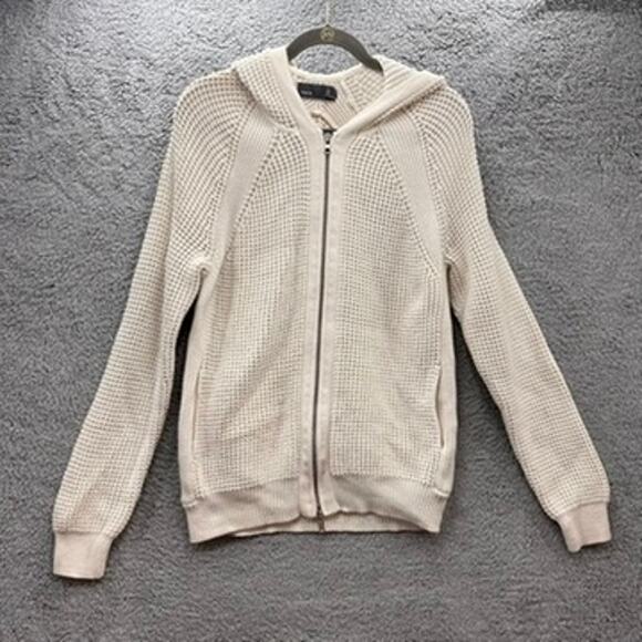Vince Medium Ivory Knit Full Zip Hooded Cardigan 100% Cotton Stretchy Casual - Picture 1 of 10
